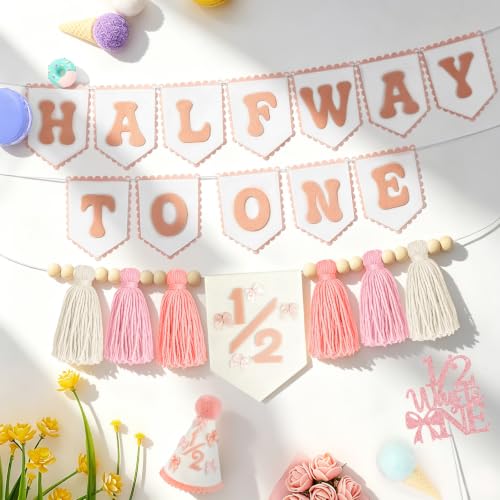 Image of THAWAY 1 /2 Birthday Girl Decorations, Pink Half Way to One Felt Banner Kit | 6 month party supplies; pink half birthday cake topper; adjustable 1 /2 hat; natural wood bead high chair decor