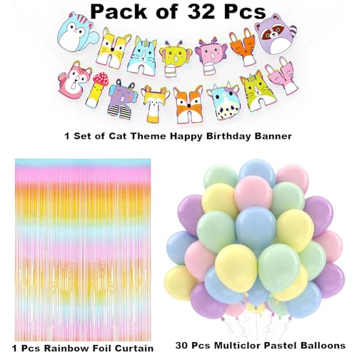 Image of Rozi Decoration Cat & Rainbow Theme Birthday Combo Kit | 32-Piece Set with Cat Banner, Foil Curtain Backdrop & Pastel Balloons | Kids Birthday Decorations