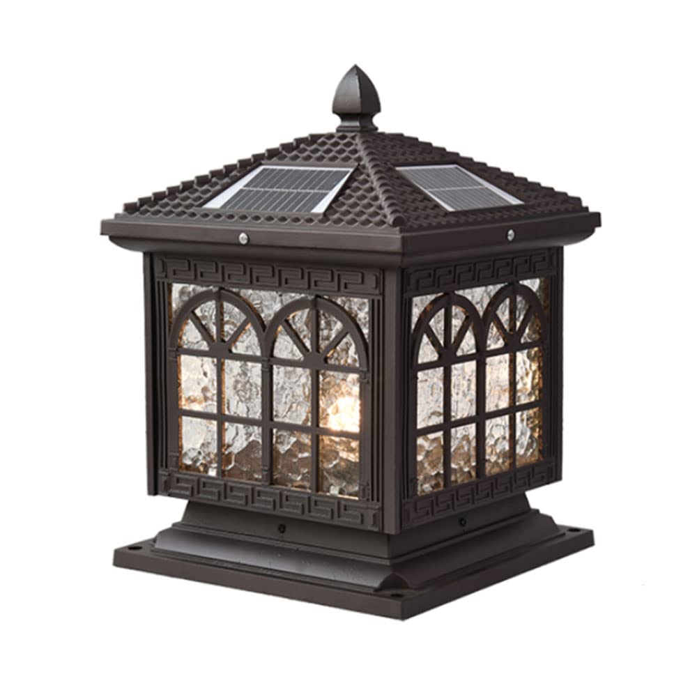 Brown Patio Solar Pillar Lamp Solar Powered Fence Pathway Lights Rustic Outdoor Bollard Column Lamp Waterproof with Glass