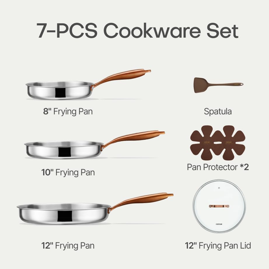 Image of CAROTE 7-Piece Tri-Ply Stainless Steel Frying Pan Set, Skillet Set 8 inch /10 inch /12 inch, Induction Compatible, Oven & Dishwasher Safe, Gold Handle