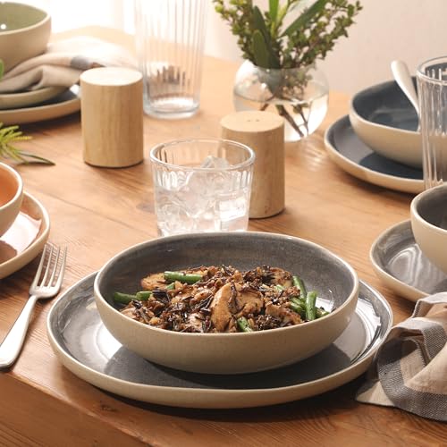 Image of Gibson Elite Manila Bay 16-Piece Stoneware Dinnerware Set, Service for 4, Reactive Glaze Modern Artisan Plates, Bowls & Mugs, Assorted Colors, Round Design