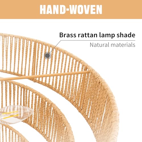 DORESshop 8-Light Boho Rattan Chandelier for Dining Room, 5-Tier Hand-Woven Brown Farmhouse Chandelier, Adjustable Height, Wicker Rattan Chandelier for Dining Room, Kitchen Island, Living Room, 25.6