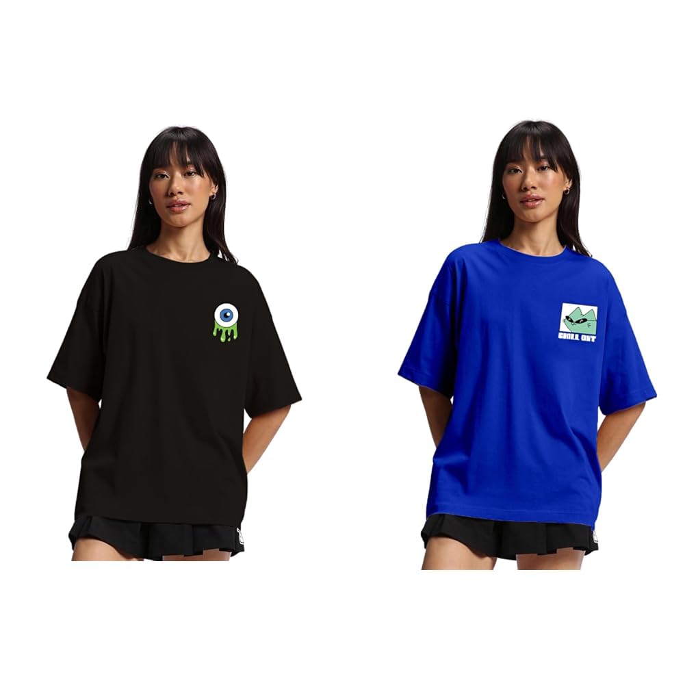 JUNEBERRY® Oversize Loose Baggy Fit Drop Shoulder Cool and Stylish Latest Pocket Print Print Design Multicolor Half Sleeve T-Shirt for Women & Girls Pack of 2