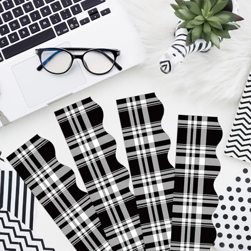 Image of BeYumi Black Plaid Border Trim - 65ft Back to School Classic Black and White Plaid Scalloped Rolled Border Trim Checkered Bulletin Board Set School Classroom Office Chalkboard Wall Holiday Party Decor