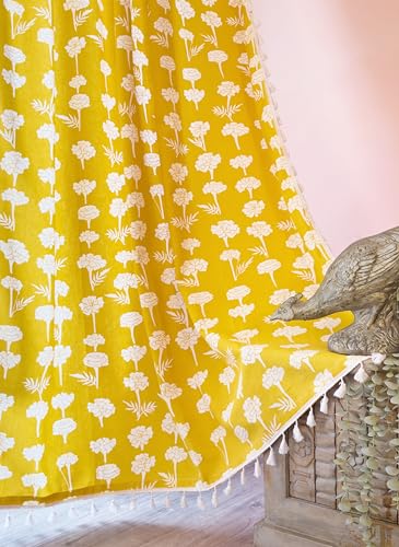 Image of Tranquebar Curtain Co. Yellow Curtains 8 Feet Long, 60-65% Room Darkening, Marigold Floral Print, Cotton Curtains for Window, Boho Curtains with Tassel Lace, BackTabs, Design UTSA (244 cm) - 1 Piece