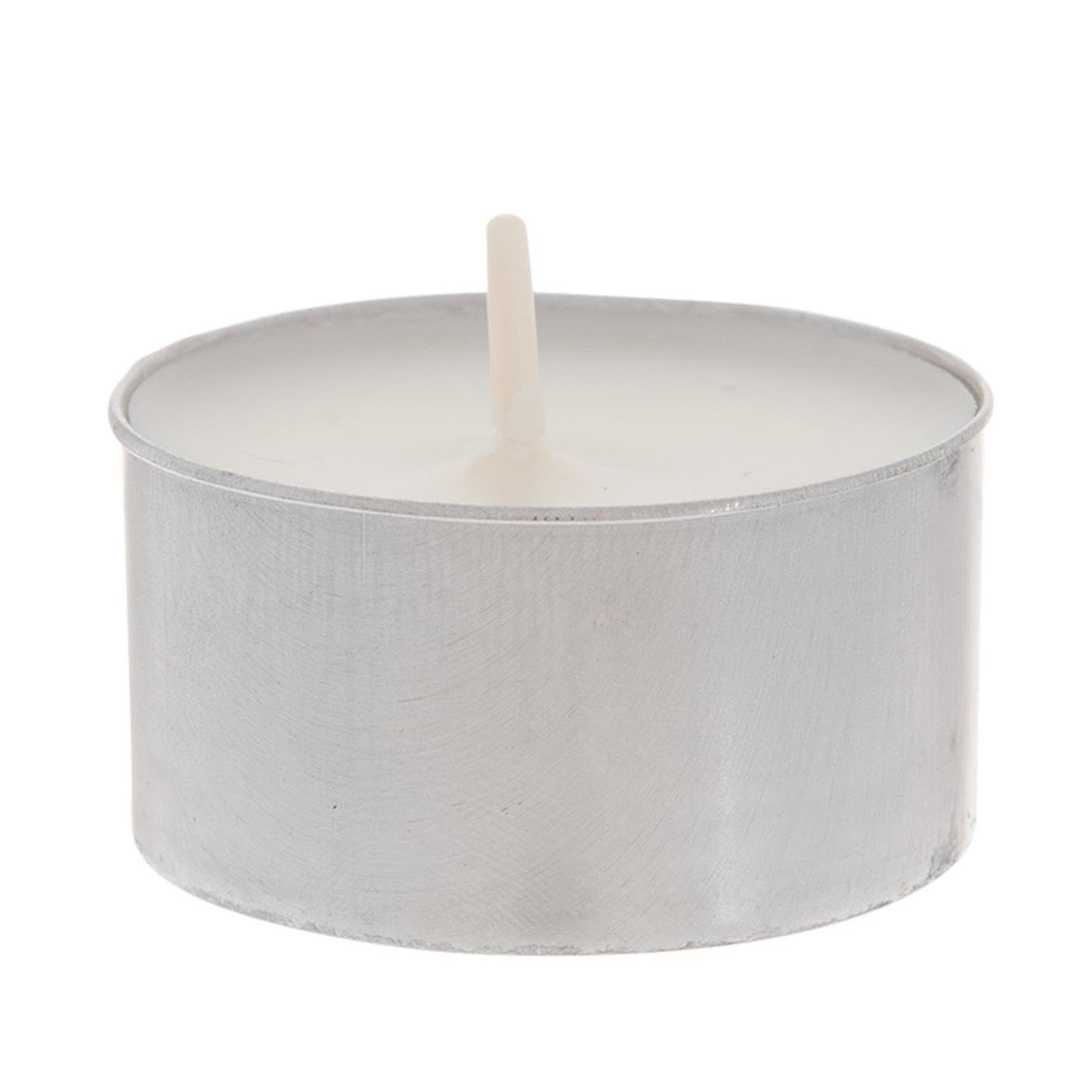 Hobby Lobby Unscented Tea Light Candles, 50 Count, 6-Hour Burn Time, 1.5 x 0.75 inches, Silver Metal Cups