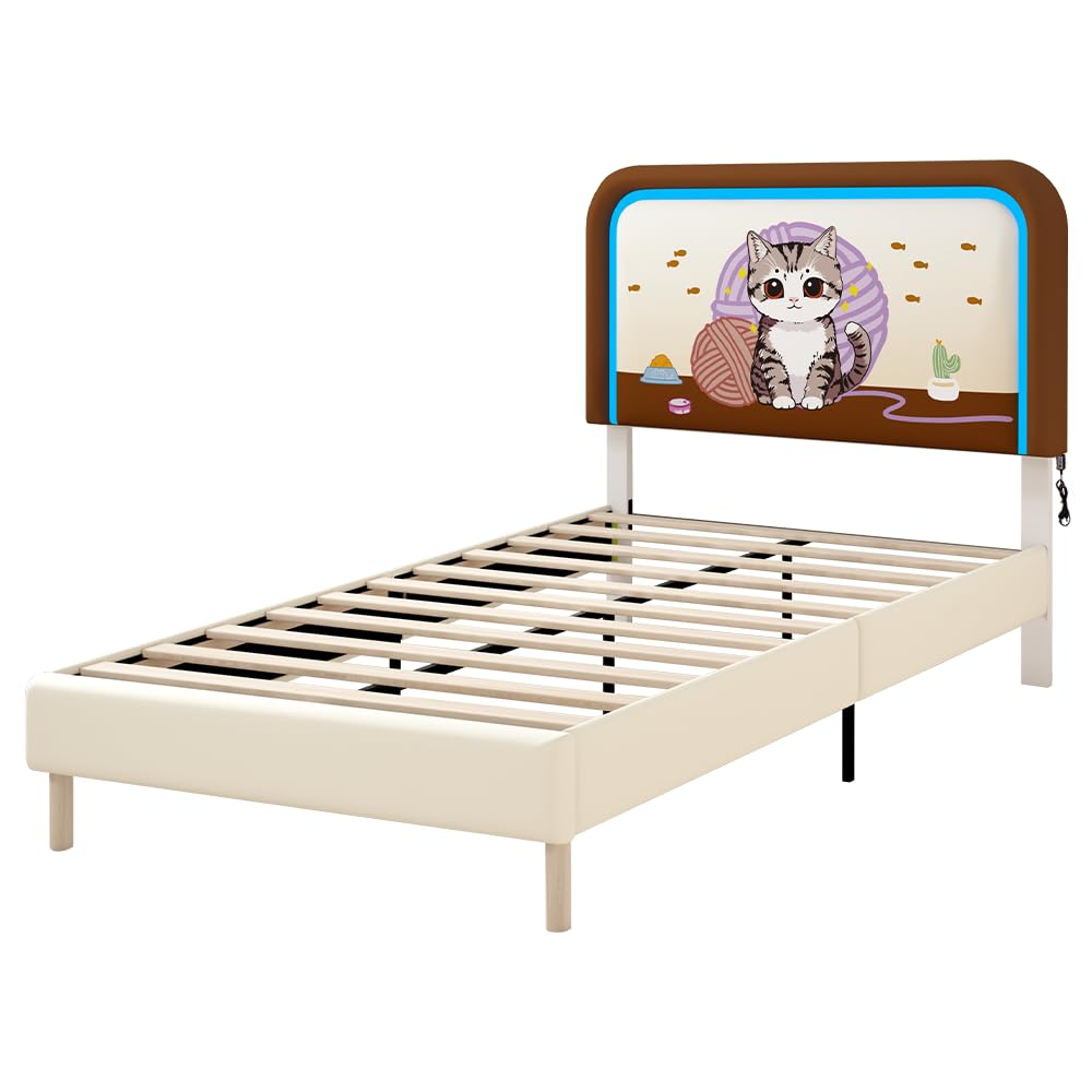 aoohxzr Twin Smart LED Bed Frames for Kids,with Adjustable Cute Cat Theme Headboard, Full Size Platform Bed Frames for Boys and Girls, Wooden Slats Support, No Box Spring Needed, Easy Assembly