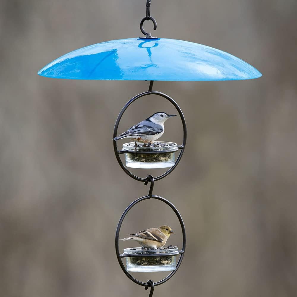 Yellow Recycled Glass Bird Feeder Dome, Hanging Weather Shield with Dual Hooks, Durable Outdoor Protection for Backyard Feeders, Blue