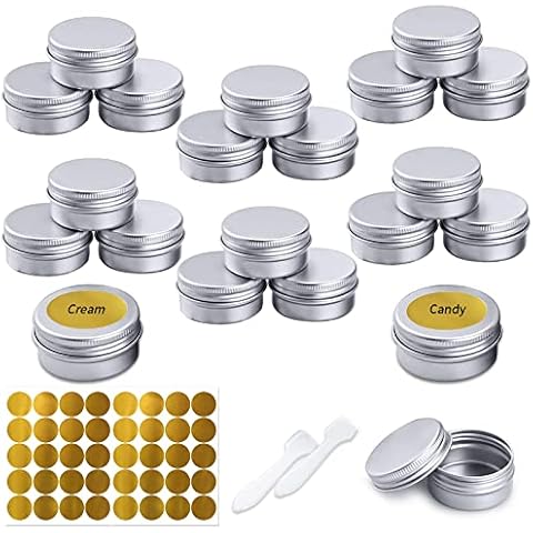 20 Pcs Aluminium Tin Jars with Screw Lids, 20ml Empty Cosmetics Container Pots, Aluminium Empty Containers, Cosmetic Sample Metal Tins, for Cream, Lip Balm, Candles(Label Stickers+Mini Spatula) Cover