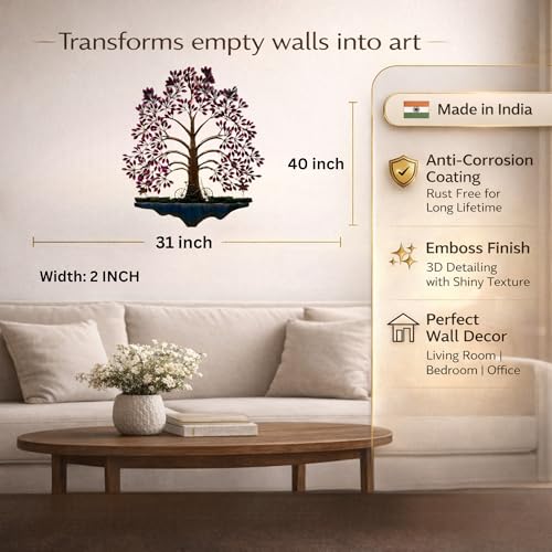 Image of Bharat Art Metal Tree Wall Art with LED Light for Living Room | Handcrafted Iron Tree Wall Hanging Home Decoration for Bedroom, Hall, Office & Entrance | Pesto Tree Pink | 31x2x40 inch | WD056 (A)