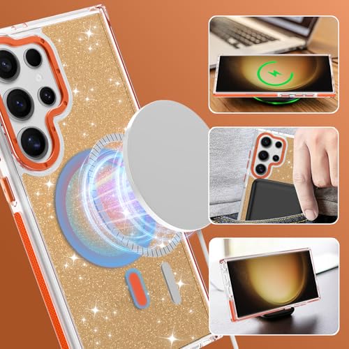 Image of Magnetic Case for Samsung Galaxy S23 Ultra [Compatible with Magsafe] [Bling Glitter Fluorescent Design] [1 Screen Protector] Slim Translucent Matte Case for Galaxy S23 Ultra 6.8 inch, Orange