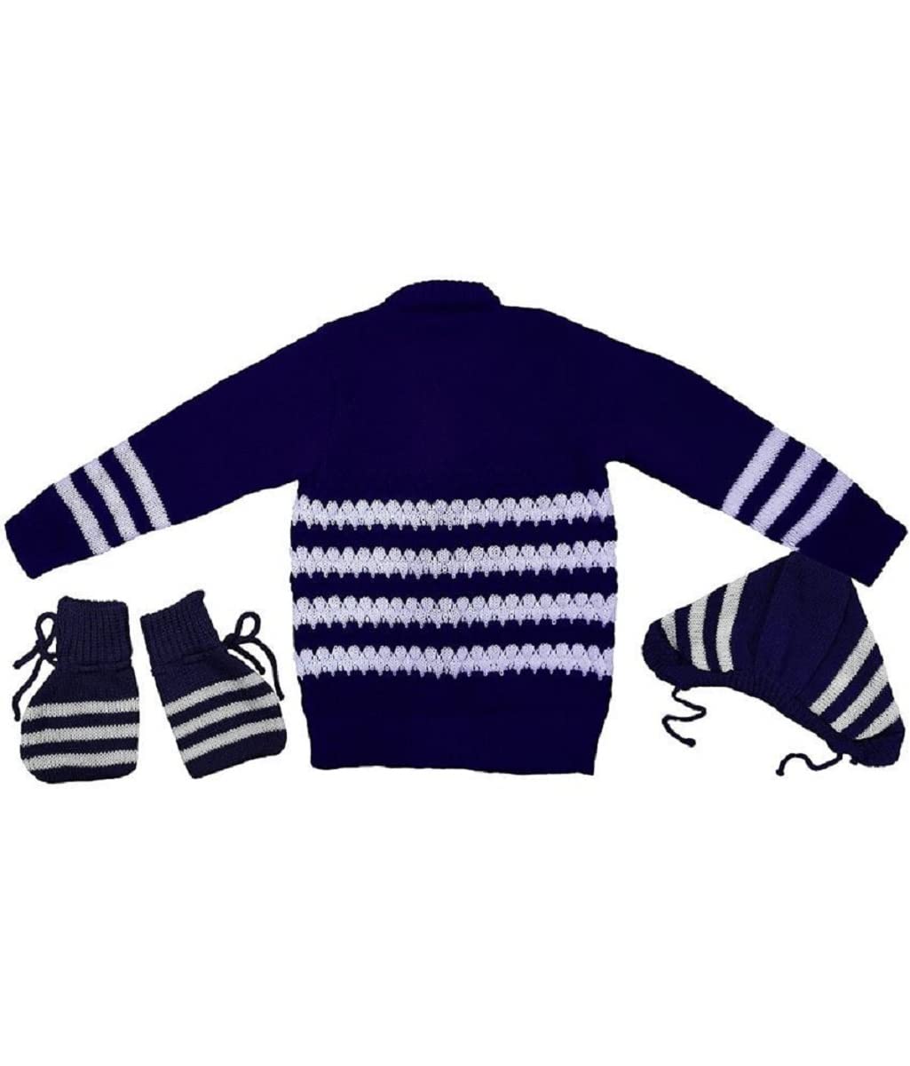 little PANDA Baby Sweater Baby Boy’s & Baby Girl’s Woolen Round Neck Long Sleeves Sweater, Cap & Booties Set Navy Blue - Image 4 thumbnail