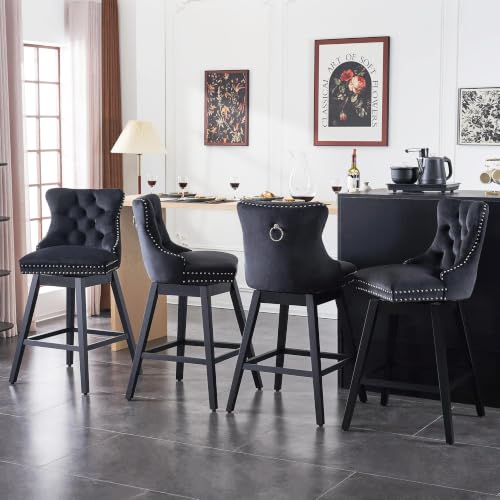 Image of Black Swivel Bar Stools, Velvet Counter Height Bar Stools Set of 5 | 360 Swivel Bar Chairs, Solid Wood Legs, Upholstered Kitchen Island Stools, Modern Extra Wide Seat (Black, 26 inch H, 5 Pack)