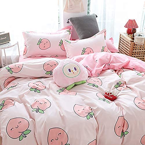 Cartoon Duvet Cover Set King Pink Peach Bedding Set Kid Kawaii Bedding Set Girl Peach Comforter Cover Cute Fruits Quilt Cover Tropical Plant Bedding Reversible Soft Bedspread Cover Room Decor - Image 3