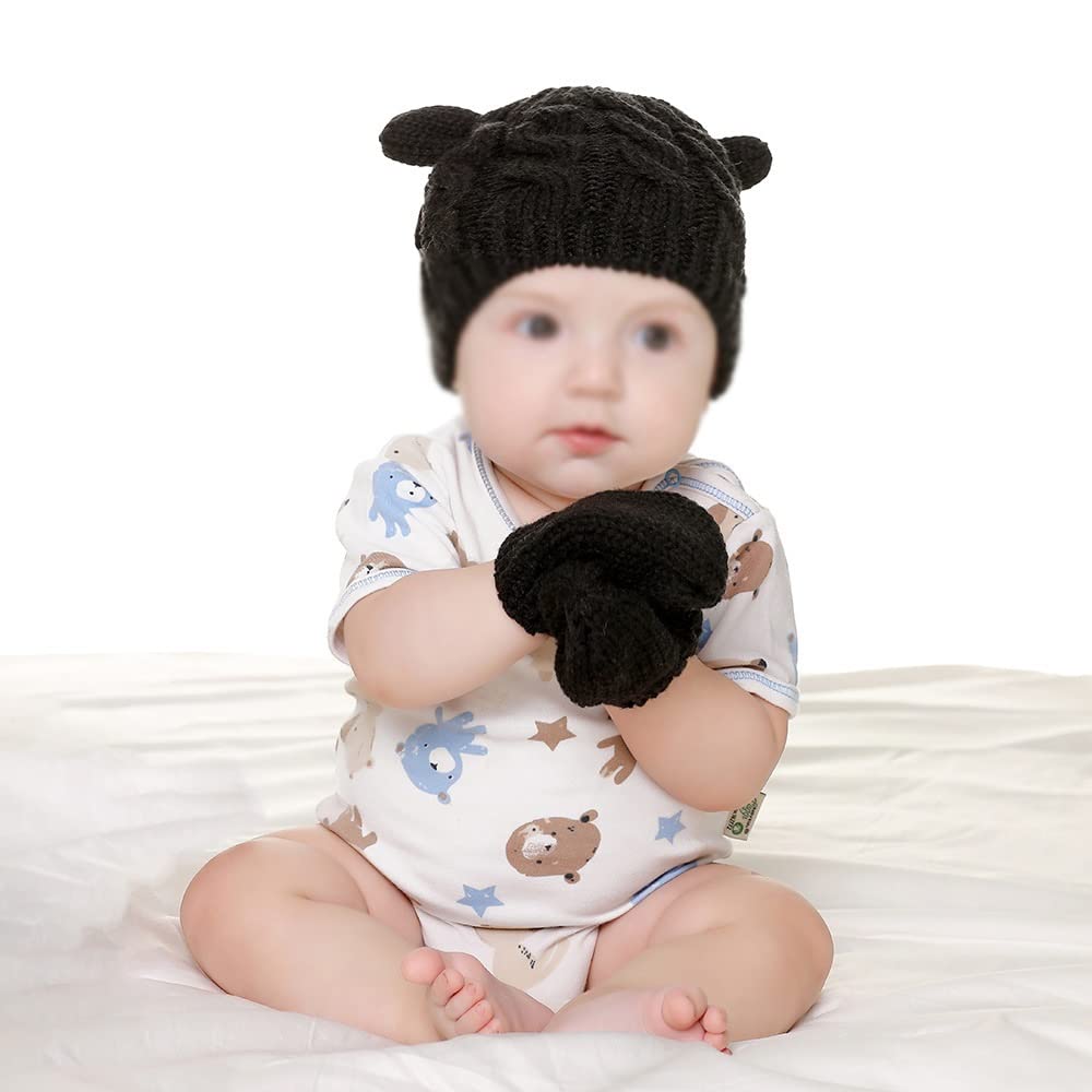 Dziewczęta Chłopcy Zimowa ciepła czapka z dzianiny Ucho Solidna, ciepła, śliczna rękawiczka 2 szt. Urocza czapka typu Beanie 0-18M