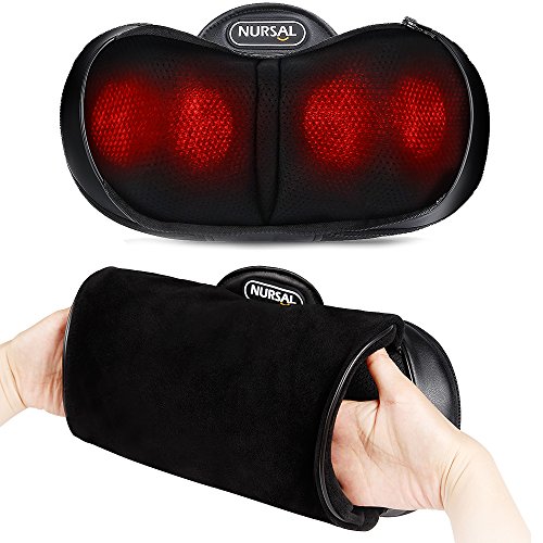 NURSAL Shiatsu Neck Pillow Massager, 3D Deep Kneading Massage Pillow with Heat Spa Therapy and Warm Hand Bag for Neck, Shoulder and Back Fatigue, Stiffness and Pain Relief