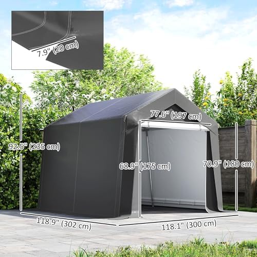 Outsunny 10' x 10' Portable Shed, 200GSM Thick Outdoor Storage Shed Tent with Galvanised Steel Frame and Roll-up Door for Motorcycle, Bike, Garden Tools, Dark Grey — view 6
