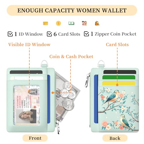 Image of Hancynir Bird Floral Flower Slim Wallet Women Credit Card Holder RFID Small | Zipper Pocket Wallet, Thin Travel Coin Purse, Ladies Women Gifts, Minimalist Card Case, 6 Card Slots, ID Window, PU Leather