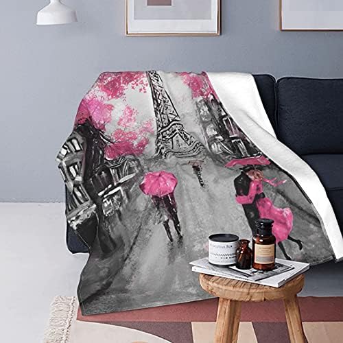 Soft Sherpa Fleece Blanket Throw Size 50x60 Inch for Women Kids Couch Bed Sofa Lightweight Fluffy Fuzzy Cozy Warm Paris Eiffel Tower Pink