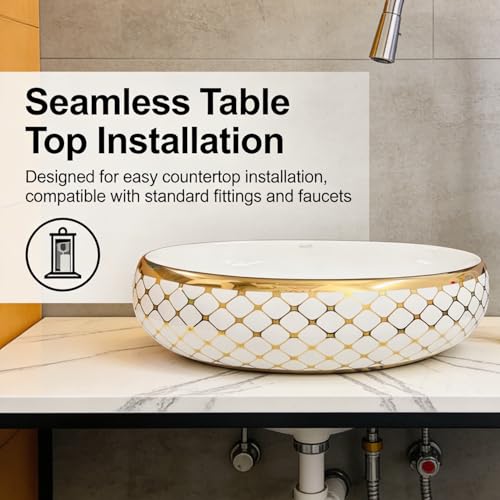 Image of Wallace Premium Countertop Wash Basin 60x40x15 cm | Oval Ceramic Table Top Sink | White & Gold Finish | Glossy Designer Bathroom Vanity Wash Bowl | Modern Luxury Above Counter Basin