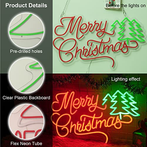 Image of Neon Signs Merry Christmas Tree Neon Lights for Wall Decor LED Neon Light Sign Lighted for Window Bedroom Christmas Party Decorations 23.6x14.35''