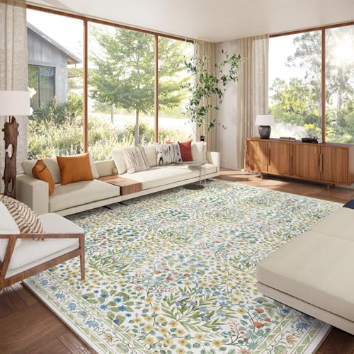Image of Washable 9x12 Area Rug - Light Green Vintage Floral for Living Room, Dining Room Under Table & Bedroom - Soft Low Pile, Non-Slip & Stain Resistan