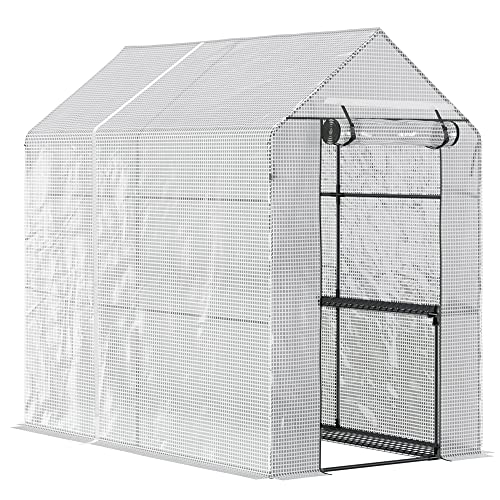 Outsunny Serre de Jardin 2 tablettes dim. 1,86L x 1,2l x 1,9H m Porte déroulante Acier PE Haute densité 140 g/m² Transparent Blanc