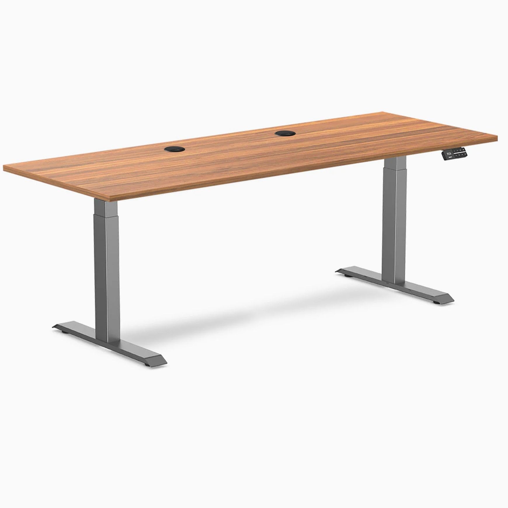 Desky Dual Laminate Sit Stand Desk Prime Oak 78.7" Grommets Space Gray