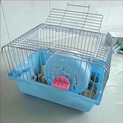 Small Pet Hamster Cage with Running Wheel Water Bottle Food Basin Portable Carrier House Mice Home Habitat for Going Out, Traveling (Blue) - Image 5