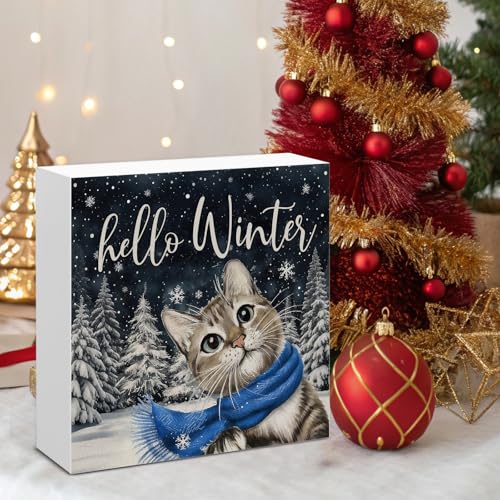 Image of Winter Cat Decor, Hello Winter Wood Box Sign, Seasonal Christmas Holiday Home Office Decorations for Desk Table Shelf 5 X 5 Inches