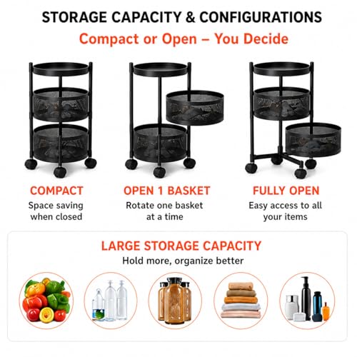 Image of Homeor 2 Layer Kitchen Trolley with Wheels | 360 Rotating Metal Storage Rack for Vegetables, Fruits, Onion & Spices | Round Multipurpose Kitchen Organizer Stand | Metal Kitchen Trolley, Matte Black
