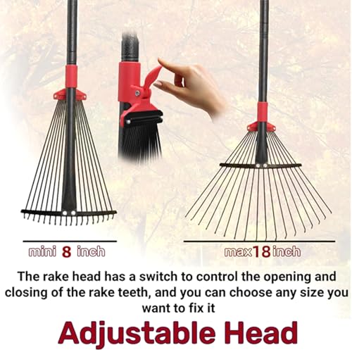 76Inch Adjustable Metal Leaf Rake, 18 Metal Tines Heavy Duty Leaves Rake for Lawns with 8-18" Expandable Head Long Handle Garden Rakes for Women Kids Leaves Yard Gardening Grass Outdoor Camping Debris