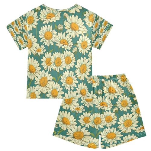 senya Short Sleeve Pajamas Sets Summer Cotton Sleepwear Green Background White Daisy2