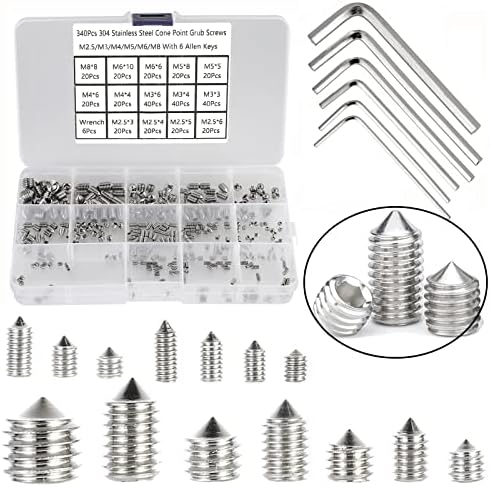 340Pcs Metric M2.5/M3/M4/M5/M6/M8 304 Stainless Steel Allen Head Hex Socket Cone Point Set Screws,Internal Hex Drive Grub Screws,Tip Point Headless Set Screw Assortment Kit with 6 Hex Wrenches