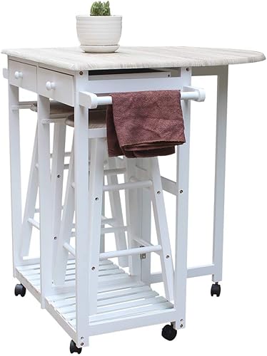 Miniatura 2 de FCH Drop Leaf Mesa de comedor con juegos de sillas para cocina pequeña, 3 piezas, carrito de cocina de madera con ruedas, 2 taburetes redondos y 2