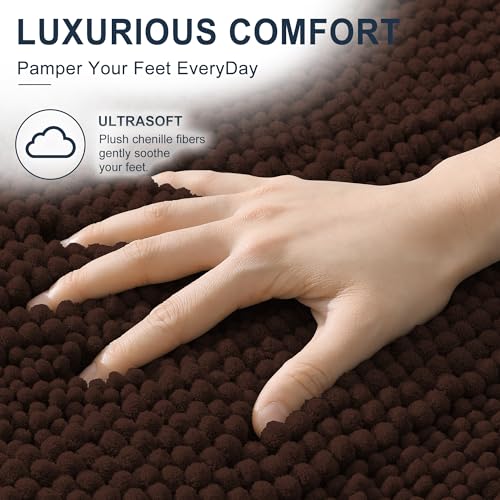 Image of Smiry Thick Chenille Bathroom Runner Rugs 59x24, Absorbent Striped Bath Mat, Machine Washable, Rubber Backing, Extra Long Bath Rugs for Tub & Shower, Modern Home Decor Accessories, Brown