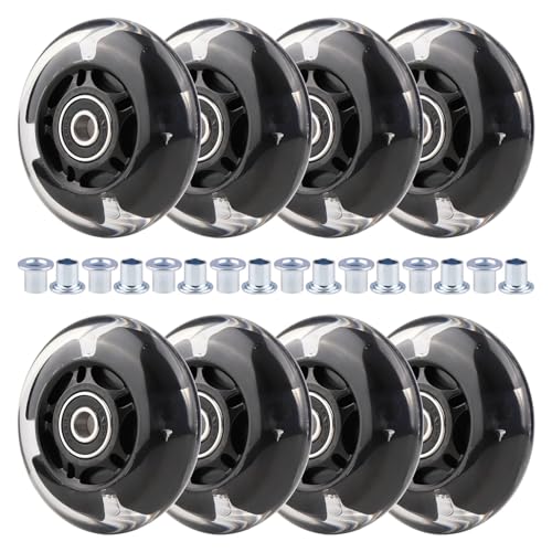 Wheelgoo 8pcs Inline Skate Wheels Led Light-Up Wheels 64/70/72/76/80mm w/Bushings 85-88A for Kids and Youth Beginners Children's Inline Skates Indoor/Outdoor Use (Black, 72mm)