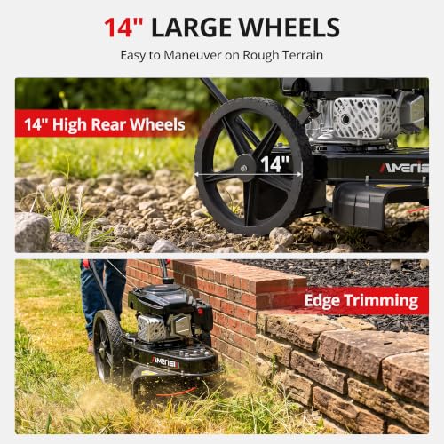 Image of AMERISUN 22-Inch 170cc Walk Behind String Trimmer with 14-Inch High Wheels | 4-Stroke OHV Gas Brush Mower, Foldable Handle, 1.9 inch-4.0 inch Adjustable Cutting Height for Tall Grass, Weeds & Brush