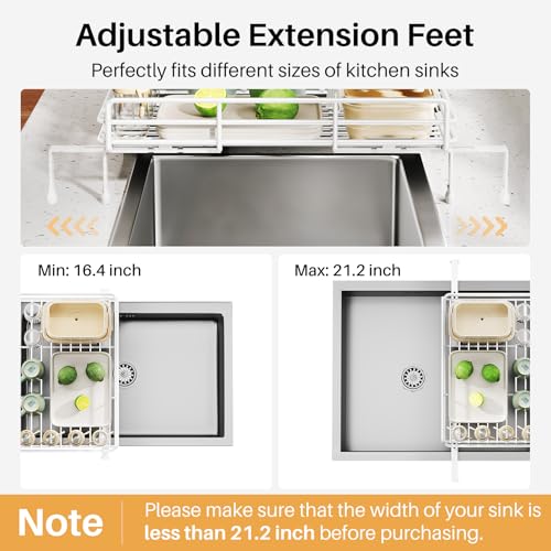 Image of SNTD Dish Drying Rack - Extendable Dish Rack, Large Sink Drying Dish Drainer for Kitchen Counter, Stainless Steel Dish Strainer with Utensil Holder (White)