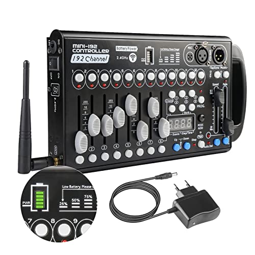 Drahtloser Dmx Controll Lichtmischpult Dmx Controller Eingebaute Batterie 192 Kanäle Dmx Konsole, Wireless Lichtmixer Dmx512 Controller Musikgesteuert Akku Lichtpult Dmx Pult Partylicht Dmx Controler