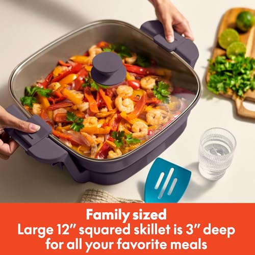 Image of bella Make & Take Electric Skillet, Fits-anywhere kitchenware, EverGood Ceramic Coating, Adjustable Temperature & Dishwasher-Safe Tempered Glass Lid, Cast Aluminum Base, 1200 Watt, Plum (Pack of 2)