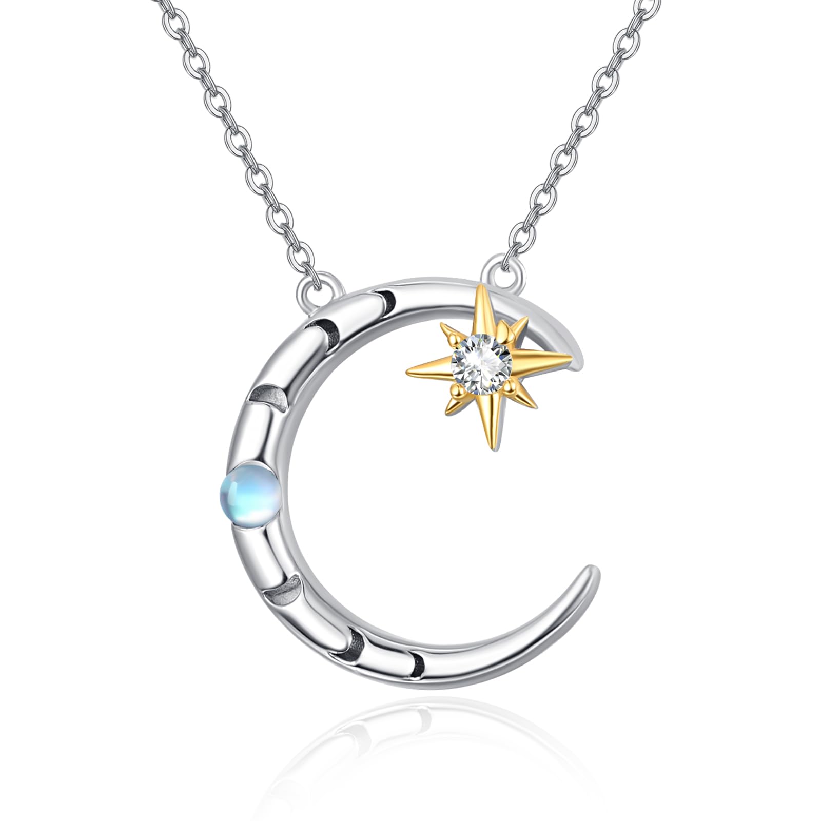Collar De Plata De Ley 925 Con Luna Y Estrella De Luna