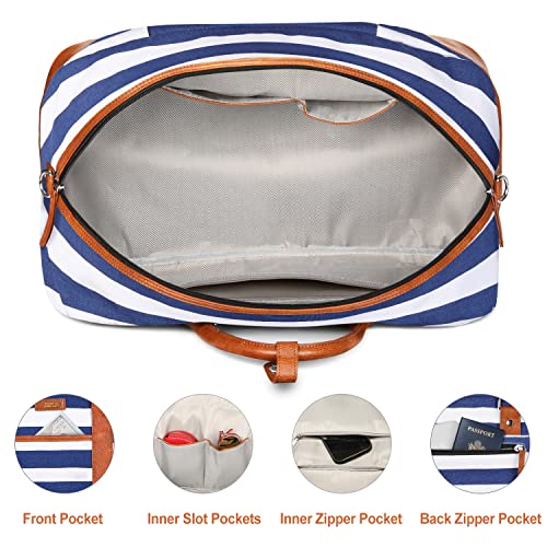 Image of Weekender Bag for Women, Large Overnight Bag Canvas Travel Duffel Bag Carry On Tote with Shoe Compartment 21 inch 3Pcs Set, A14-brown+blue & white stripes, Large