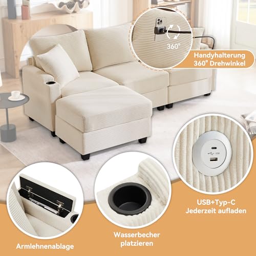 Arhatreya 3 Sitzer L-förmiges Sofa Gästesofa Modern Couch mit 2 Kissen, 3er Sitzsofa mit Getränkehalter Fußhocker und Getränkehalter, Ecksofa für Wohnzimmer, Schlafzimmer, Buros, Cordstoff, Beige – Bild 5
