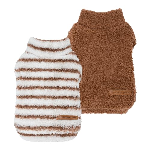 Fitwarm 2 Pack Striped Fleece Dog Sweater, Warm Winter Clothes for Small Dogs Boy Girl, Fuzzy Pet Outfit, White, Brown, Medium