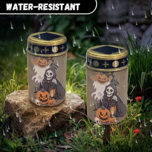 Image of Poceacles Solar Lights Outdoor Grave Candle for Cemetery Decoration Solar Outdoor Lights for Garden Lawn Backyard Pathway Halloween Decor, Pumpkin Skull Brown, Pack of 6