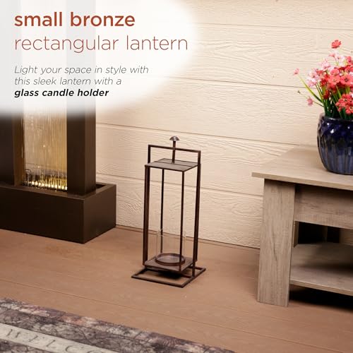 Image of Alpine Corporation 19 inch Small Rectangular Lantern with Glass Candle Holder , Outdoor Lantern for Patio, Porch, or Deck Decor, Bronze