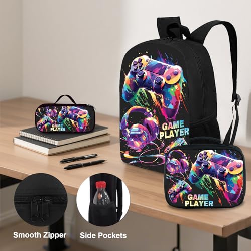 3Pcs Boys Gamer Backpack for School 17 Inch Gamer Bookbag with Lunch Box and Pencil Case, Reusable School Backpacks Set for Kids Children Teens Elementary3