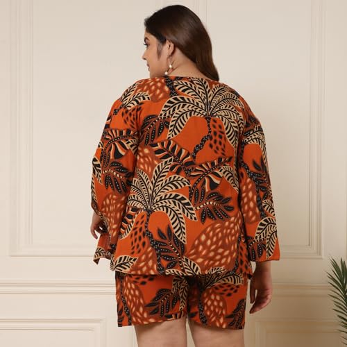 Image of DEEBACO Women's Leaf Print Rayon Thigh Length Shrug with Shorts|V-Neck|Cord Set for Women Fashion|Jumpsuits Western Dress for Women Stylish|Two Piece Co ord Set|Party Casual Wear(Multicolor)