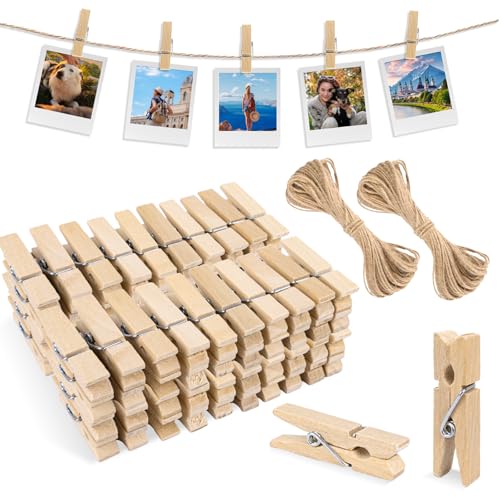 joycraft Mini Wooden Clothespins with String - 100Pcs Brown Craft Clips 1.4 in Photo Holder Hanging Clips for DIY Craft Wedding Party Decor Classroom Projects Photo Wall